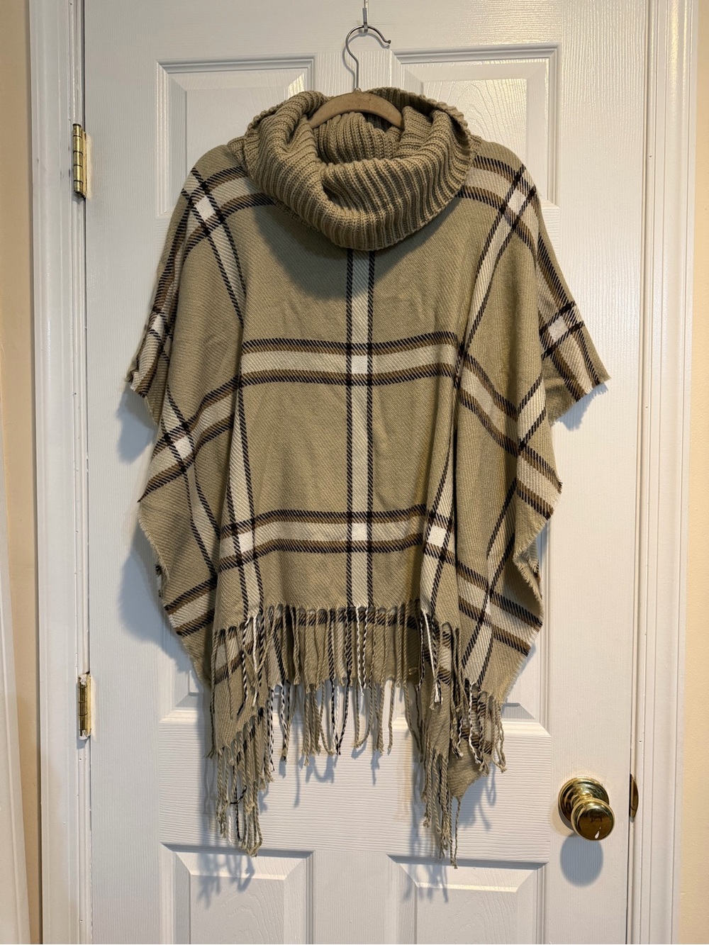 Beige Plaid Cowl Neck Poncho Sweater with Fringe